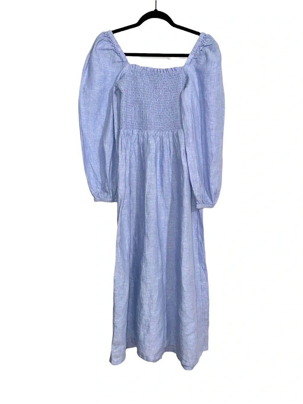 J. Crew Linen Daydream Blue Smocked Long Balloon Sleeve Midi Dress SMALL TALL
